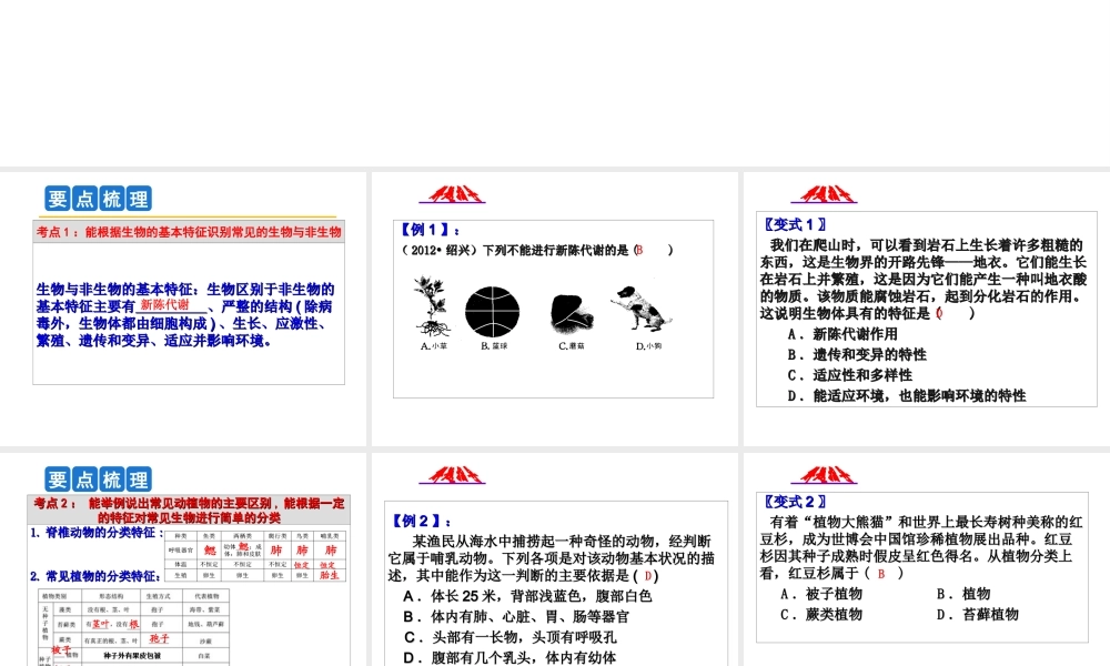 2014年科学中考第一轮复习 第三部分 生命科学 第44课 各种各样的生物课件
