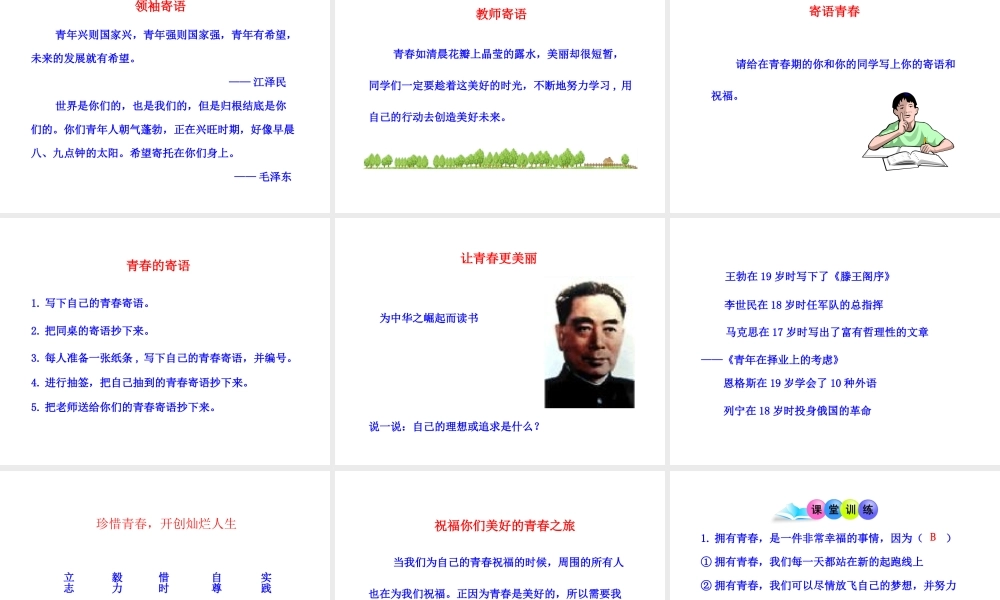 2014年秋七年级政治上册 第二单元 第四课 第三框 祝福青春课件 新人教版