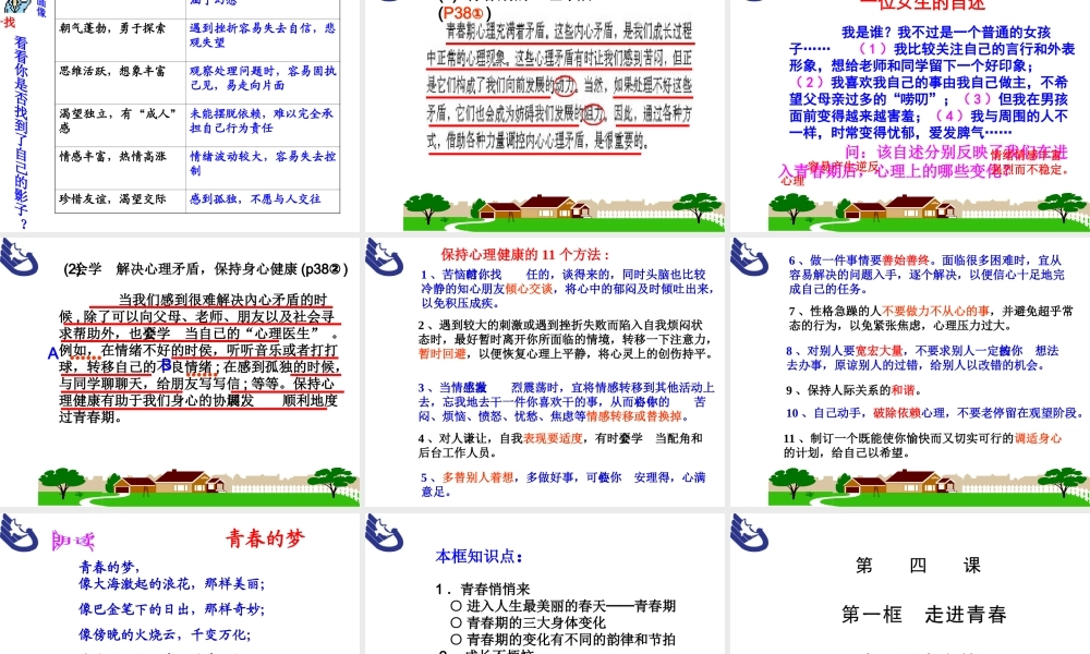 2014年秋七年级政治上册 第二单元 第四课 第一框 走进青春课件 （新版）新人教版