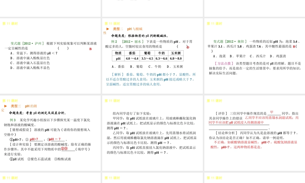 2014年中考化学一轮复习 第11课时 溶液的酸碱性及中和反应 （查漏补缺+专题专练）课件 鲁教版
