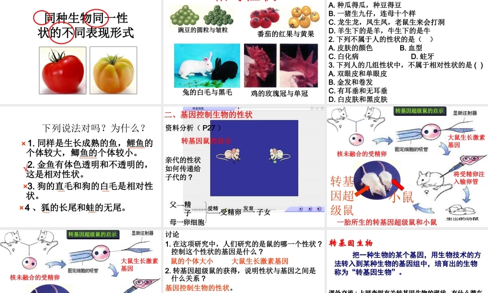 2014人教版八年级生物下册第七单元第二章《生物的遗传和变异》第一节《基因控制生物的性状》课件