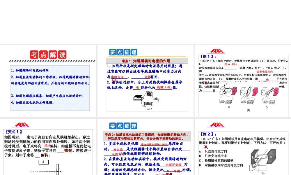 2014年中考科学第一轮复习 第一部分 物质科学（一）第24课 电动机与发电机课件