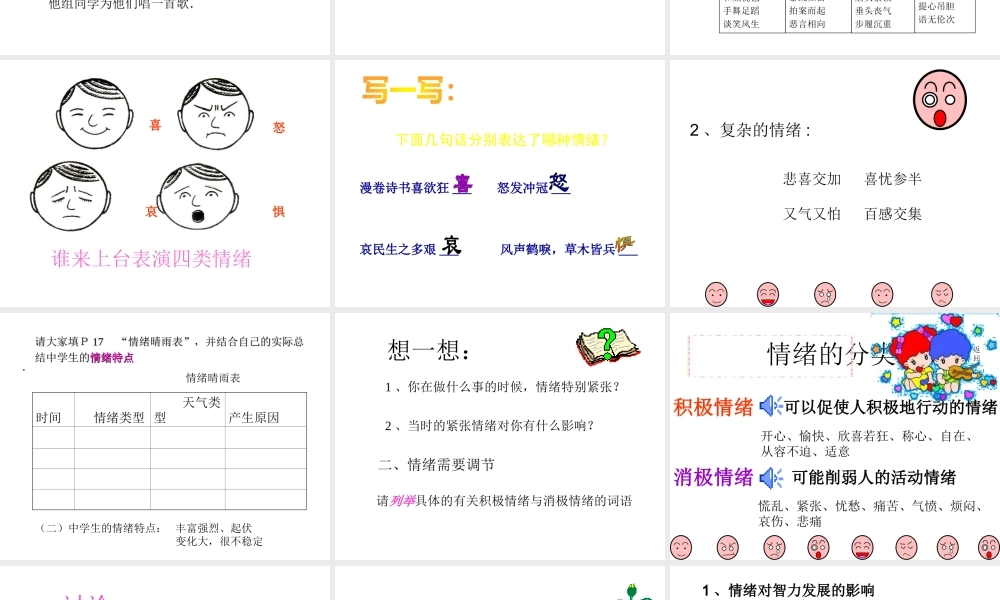 2014年秋七年级政治上册 第三课 第一框 奇妙的情绪课件 湘教版