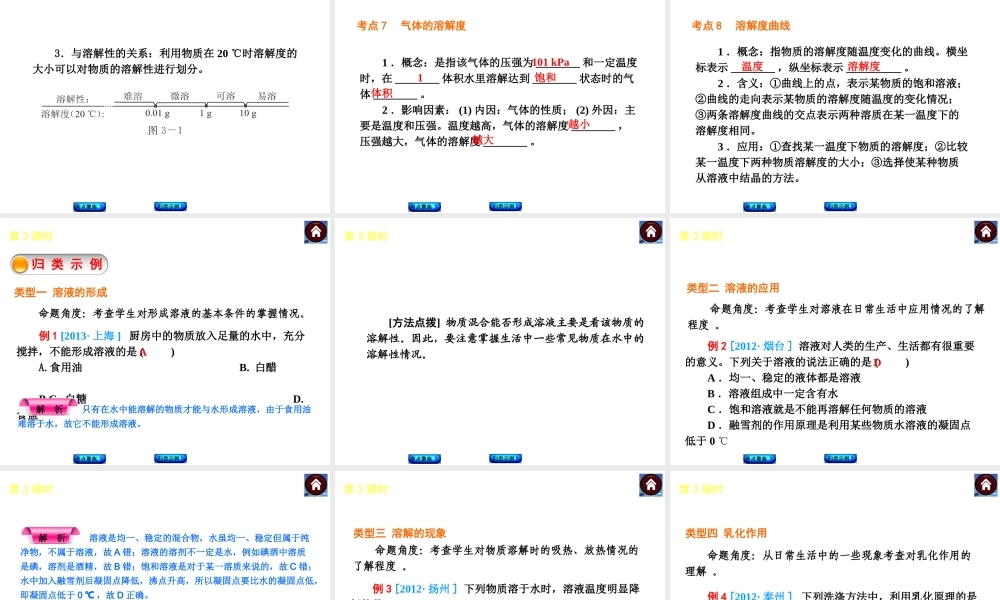 2014中考化学复习方案 第3课时 溶液的形成 溶解度（考点聚焦+归类示例，含2013中考真题）权威课件