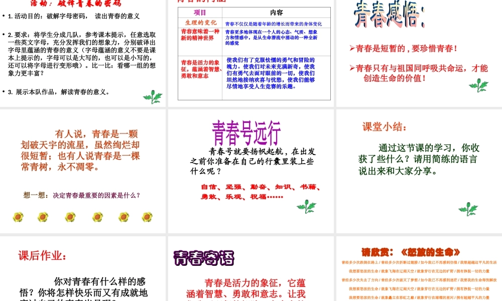 2014年秋七年级政治上册 第四课 第2框 感悟青春课件1 新人教版