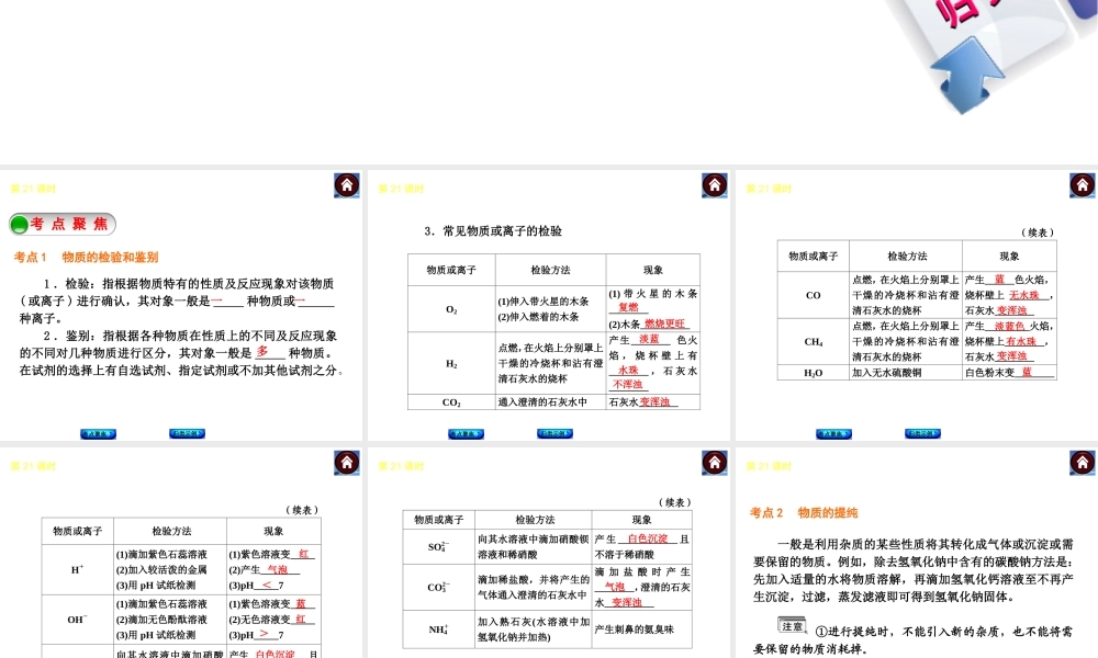 2014中考化学复习方案 第21课时 物质的检验、提纯和推断（考点聚焦+归类示例，含2013中考真题）权威课件