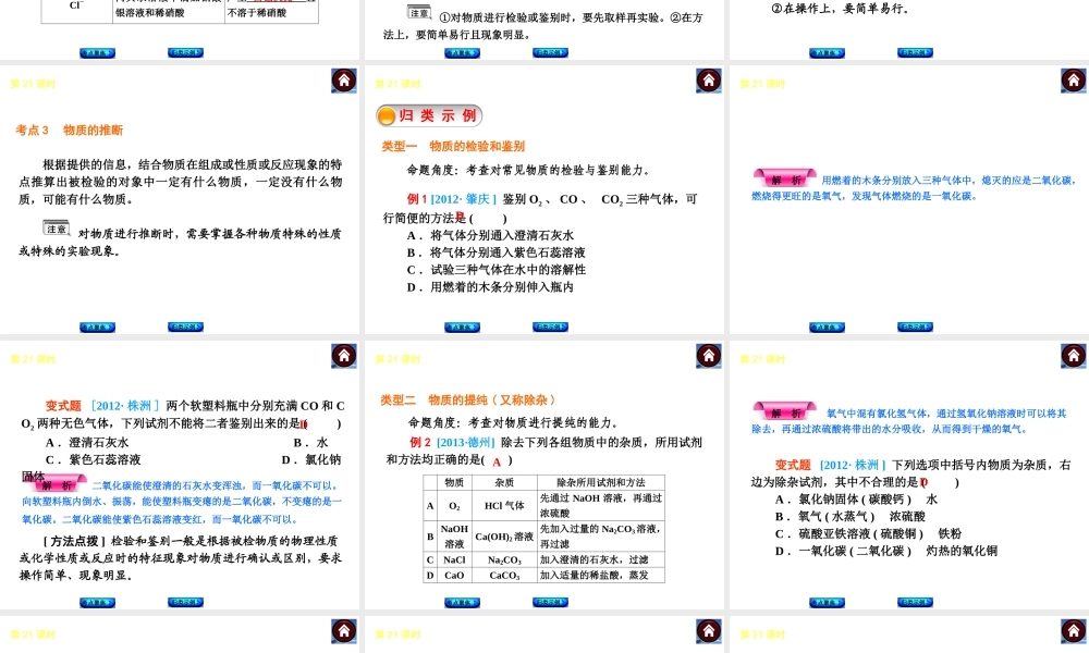 2014中考化学复习方案 第21课时 物质的检验、提纯和推断（考点聚焦+归类示例，含2013中考真题）权威课件