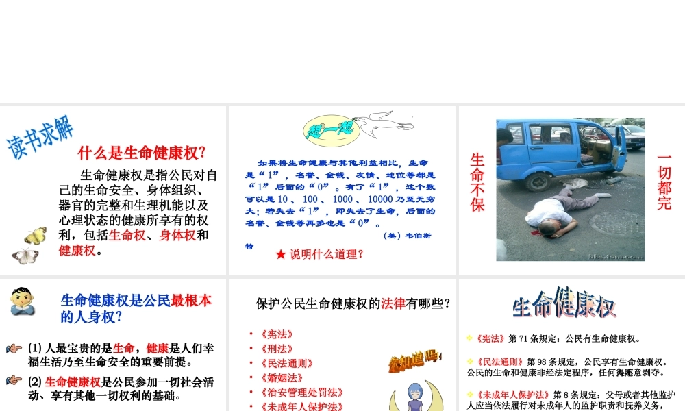 2014秋八年级政治上册 第八课 第一框 法律保护我们的生命健康权课件 鲁教版