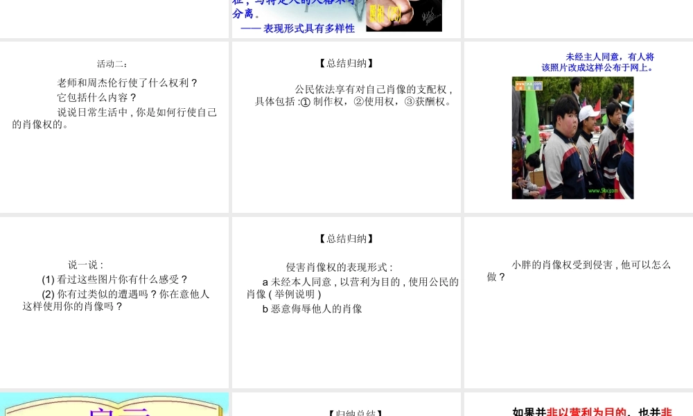 2015春八年级政治下册 第四课 第二框 肖像和姓名中的权利课件 新人教版