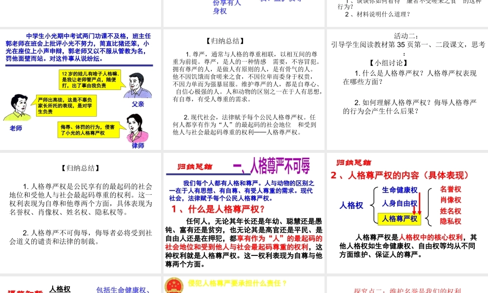 2015春八年级政治下册 第四课 第一框 人人享有人格尊严权课件 新人教版