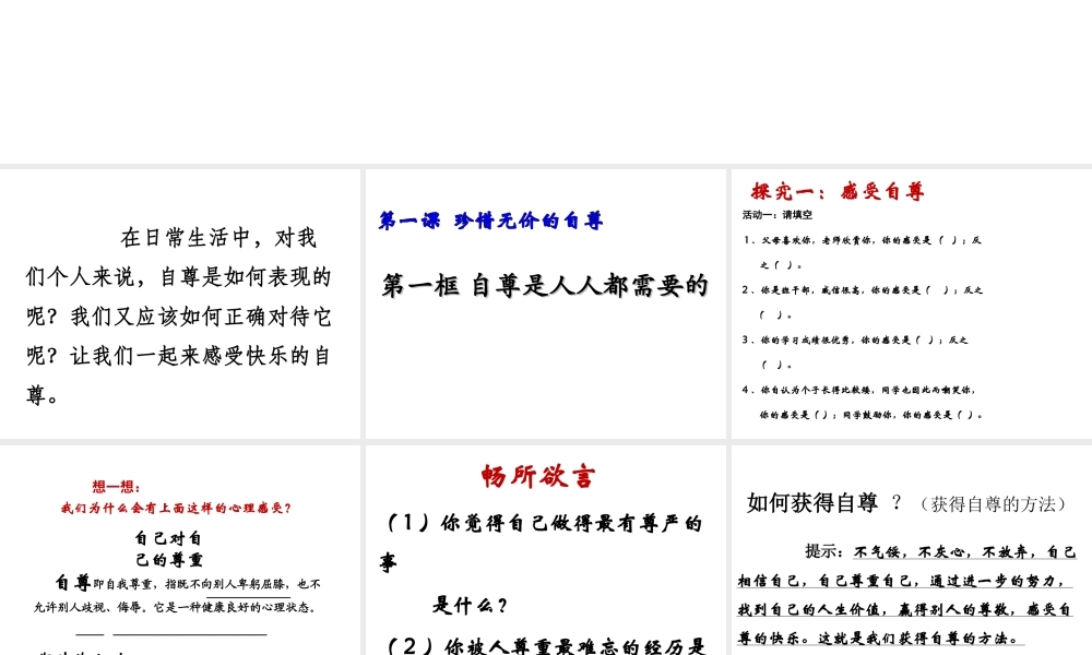 2015春七年级政治下册 第1单元 第1课 第1框 自尊是人人都需要的课件 新人教版