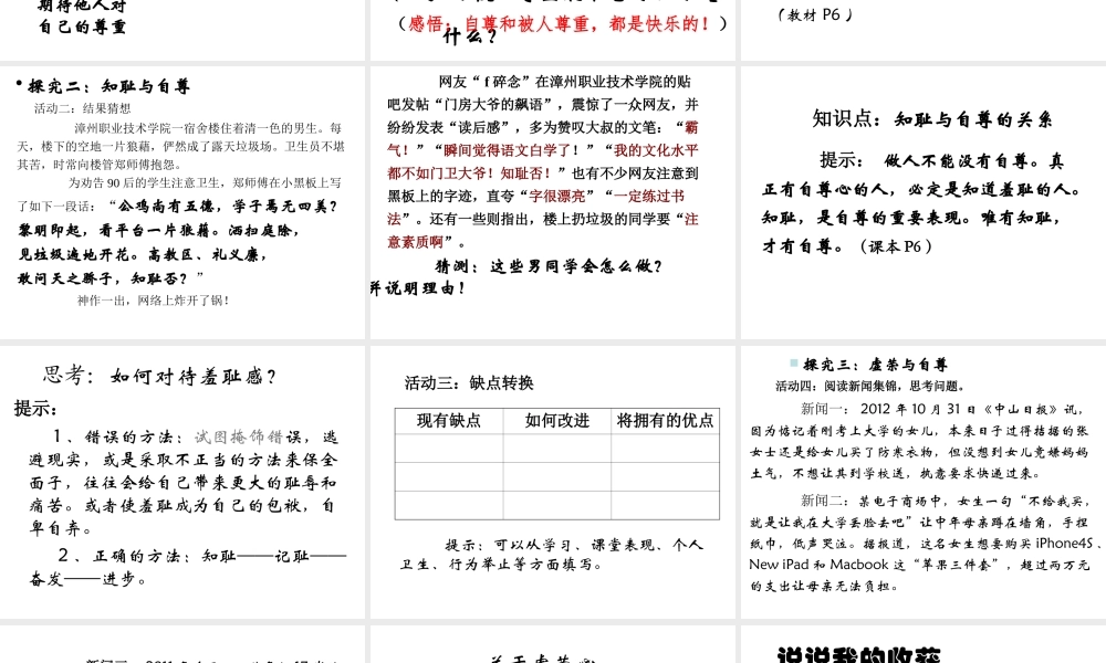 2015春七年级政治下册 第1单元 第1课 第1框 自尊是人人都需要的课件 新人教版