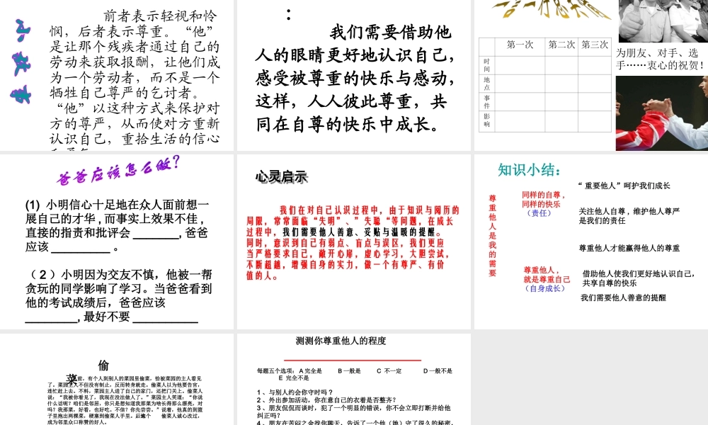 2015春七年级政治下册 第1单元 第1课 第2框 尊重他人是我的需要课件 新人教版