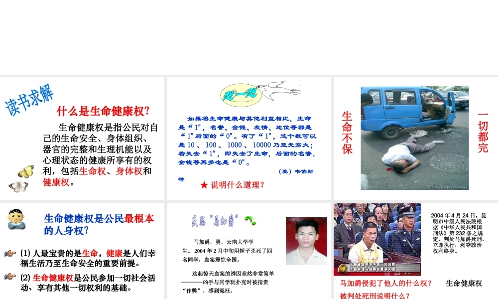 2014年秋八年级政治上册 第八课 第一框 法律保护我们的生命健康权课件1 鲁教版