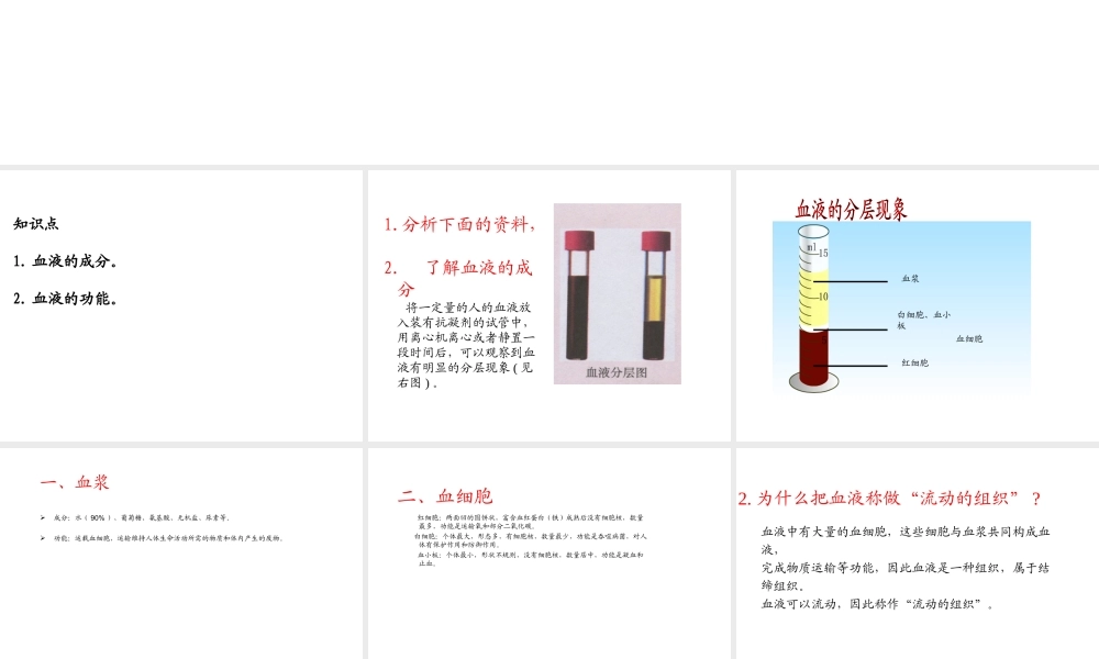 2014秋七年级生物下册 第四章 第一节 流动的组织--血液（第1课时）课件 新人教版