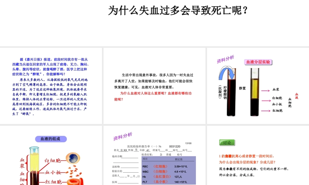 2014秋七年级生物下册 第四章 第一节 流动的组织——血液（第1课时）课件 新人教版