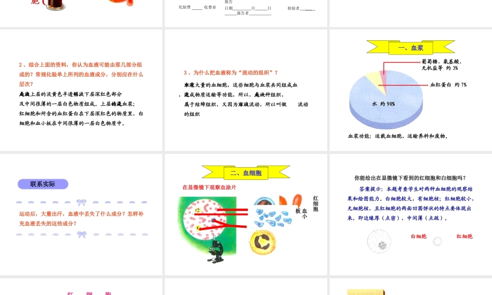 2014秋七年级生物下册 第四章 第一节 流动的组织——血液（第1课时）课件 新人教版