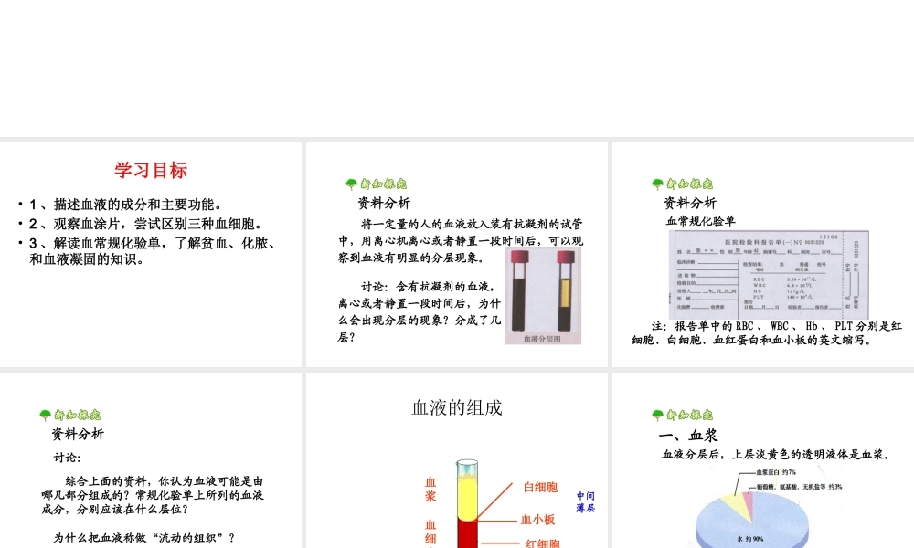 2014秋七年级生物下册 第四章 第一节 流动的组织--血液（第2课时）课件 新人教版