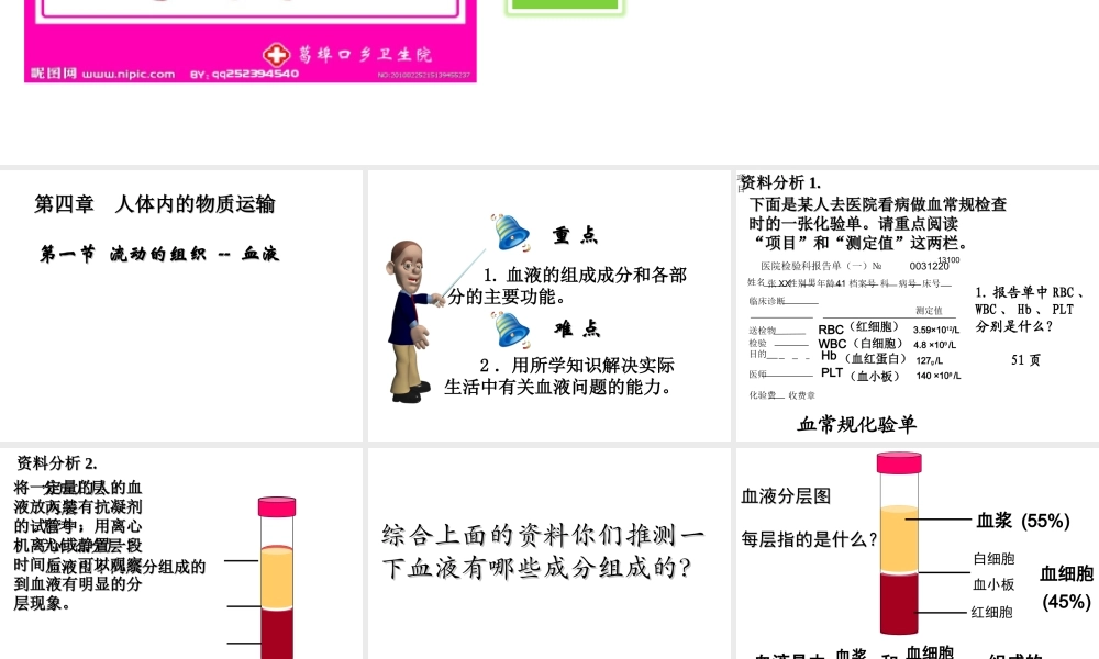 2014秋七年级生物下册 第四章 第一节 流动的组织--血液（第3课时）课件 新人教版