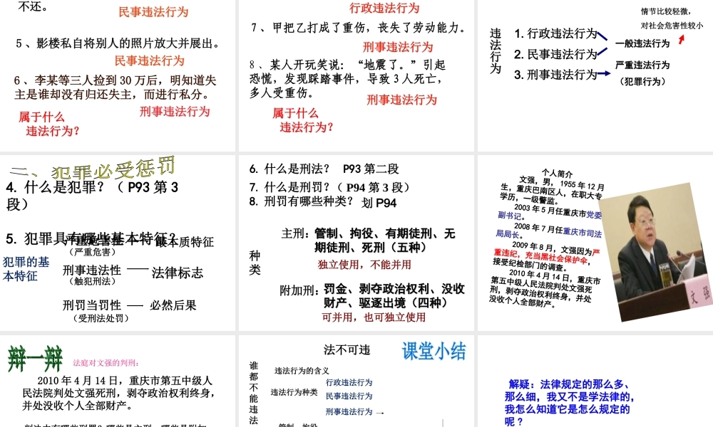 2014秋七年级政治下册 第四单元 第七课 第二框 法不可违课件 新人教版
