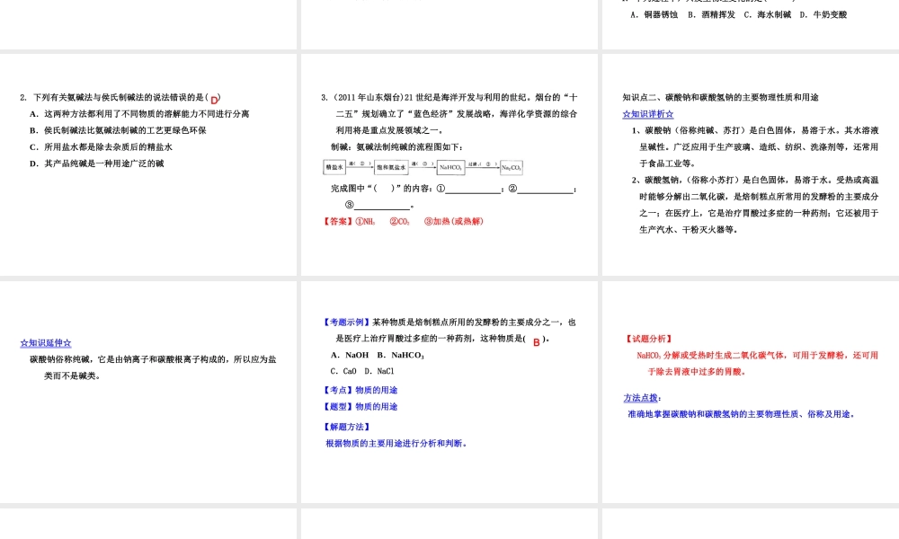 2015届九年级化学下册 8.3.1 制碱的原理同步精品课件（基础版）（新版）鲁教版