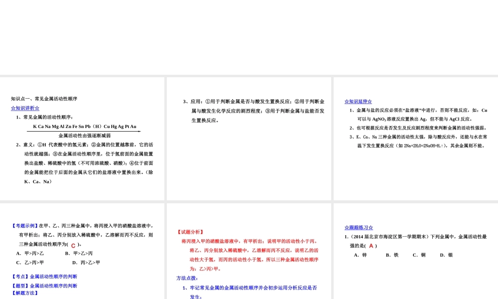 2015届九年级化学下册 9.2.2 金属活动性顺序同步精品课件（基础版）（新版）鲁教版