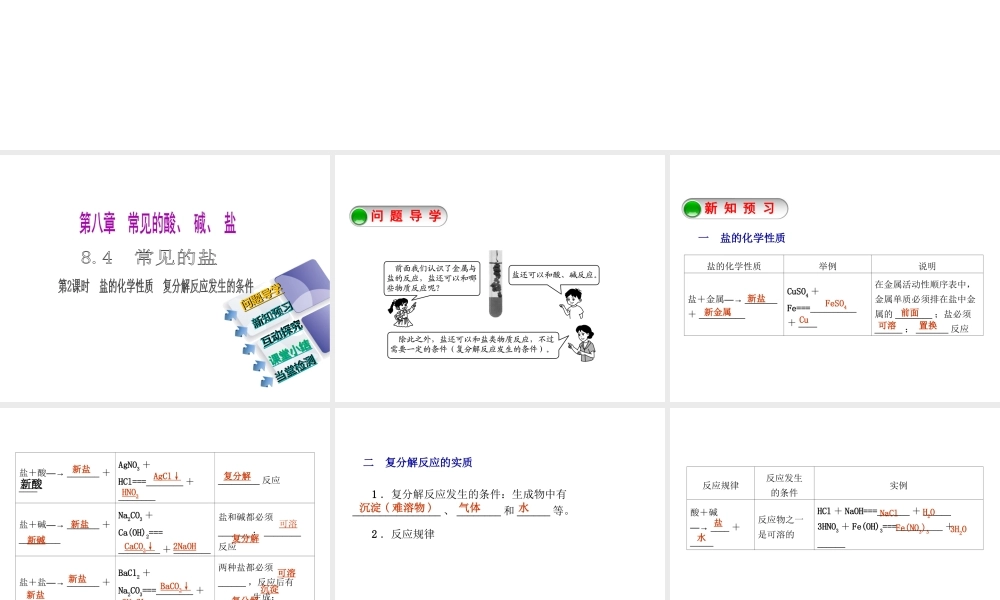 2015九年级化学下册 8.4 常见的盐（第2课时）盐的化学性质 复分解反应发生的条件精品课件 （新版）粤教版
