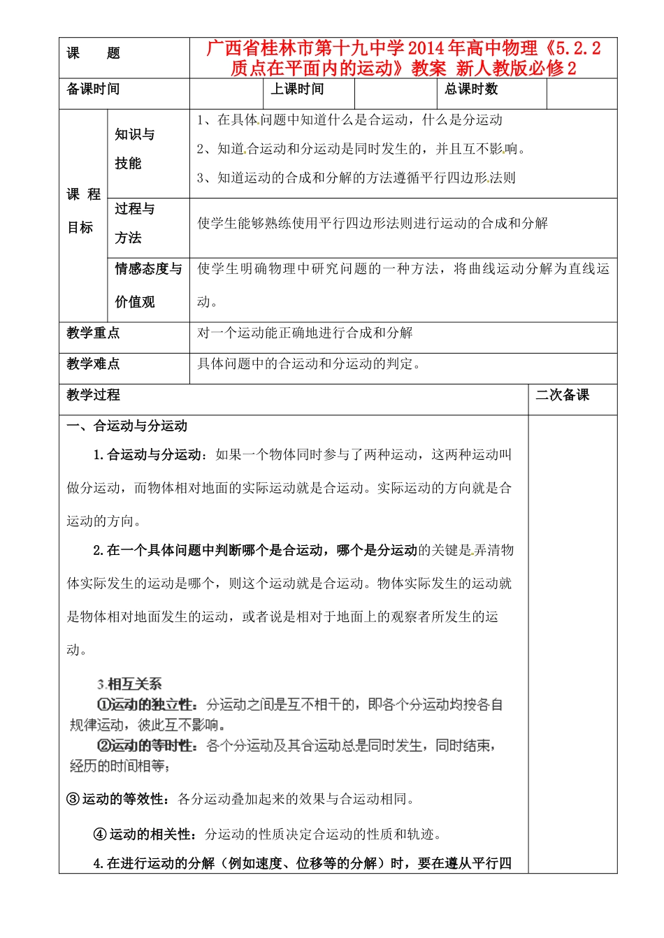 广西省桂林市第十九中学2014年高中物理《5.2.2 质点在平面内的运动》教案 新人教版必修2_第1页
