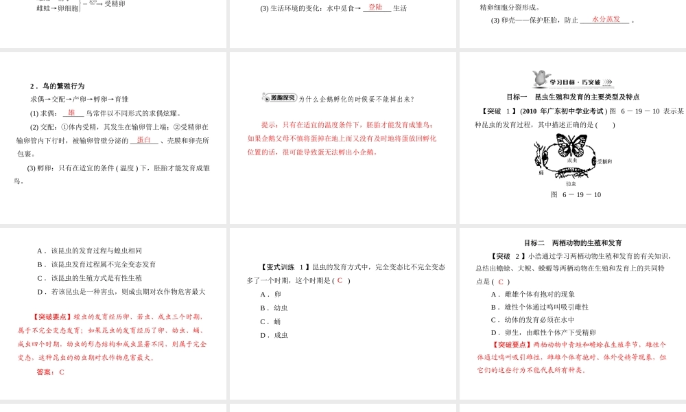 《随堂优化训练》2011年八年级生物上册 第6单元 第19章 第2节 动物的生殖和发育 配套课件 北师大版