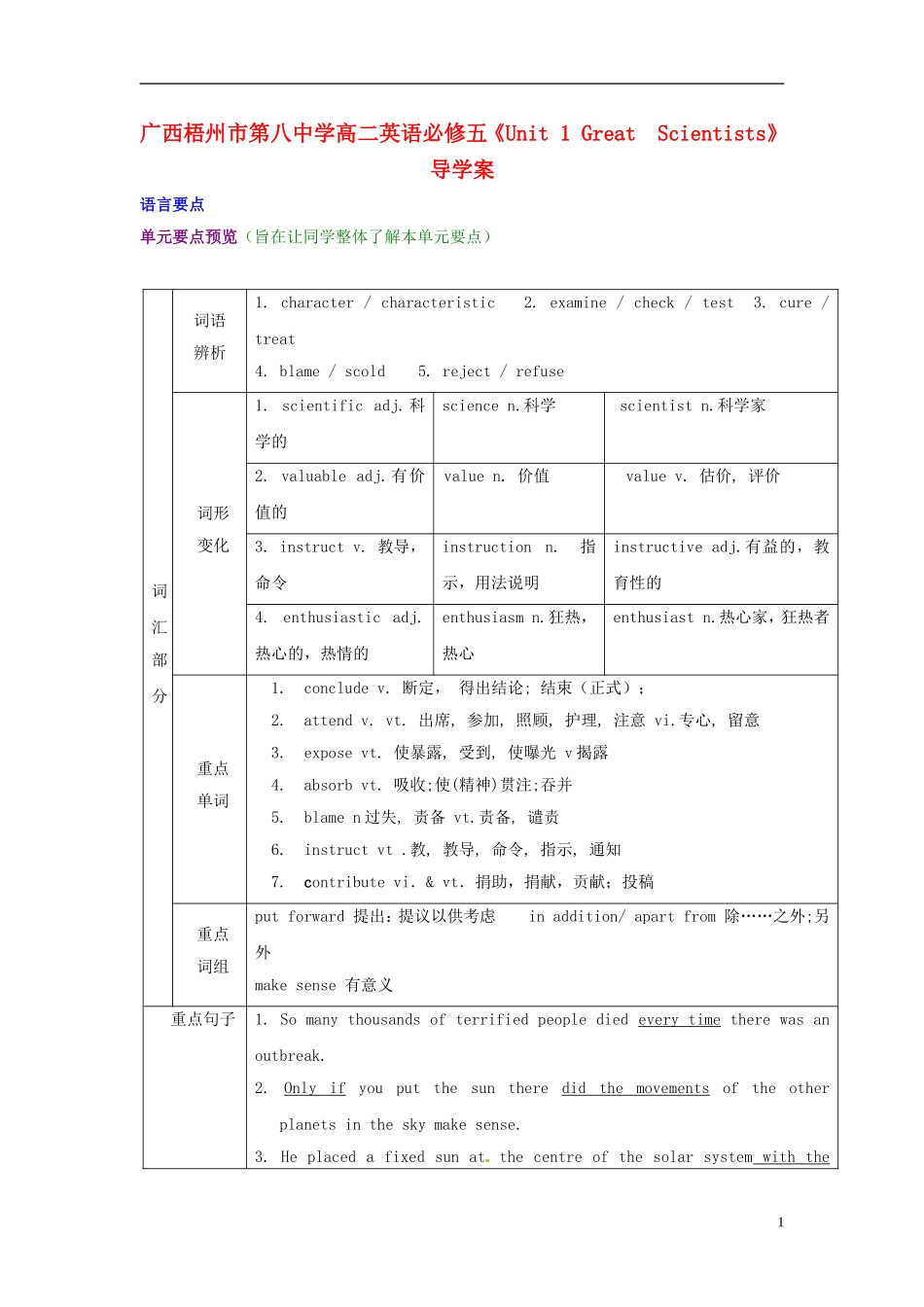 广西梧州市第八中学高中英语《Unit 1 Great  Scientists》导学案 新人教版必修5_第1页