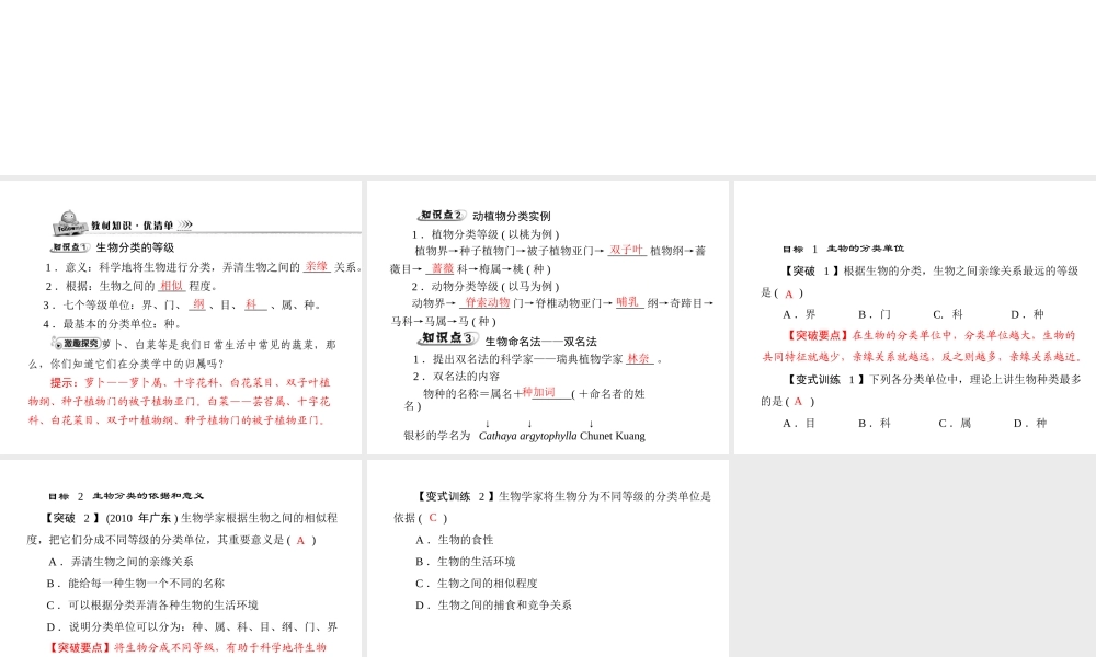 《随堂优化训练》2011年八年级生物上册 第六单元 第一章 根据生物的特征进行分类 第二节 从种到界 配套课件 人教新课标版