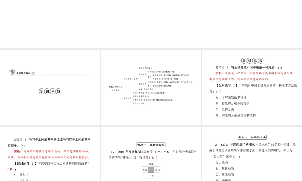 《随堂优化训练》2011年八年级生物上册 第六单元 第一章 根据生物的特征进行分类 章末知识提升 配套课件 人教新课标版
