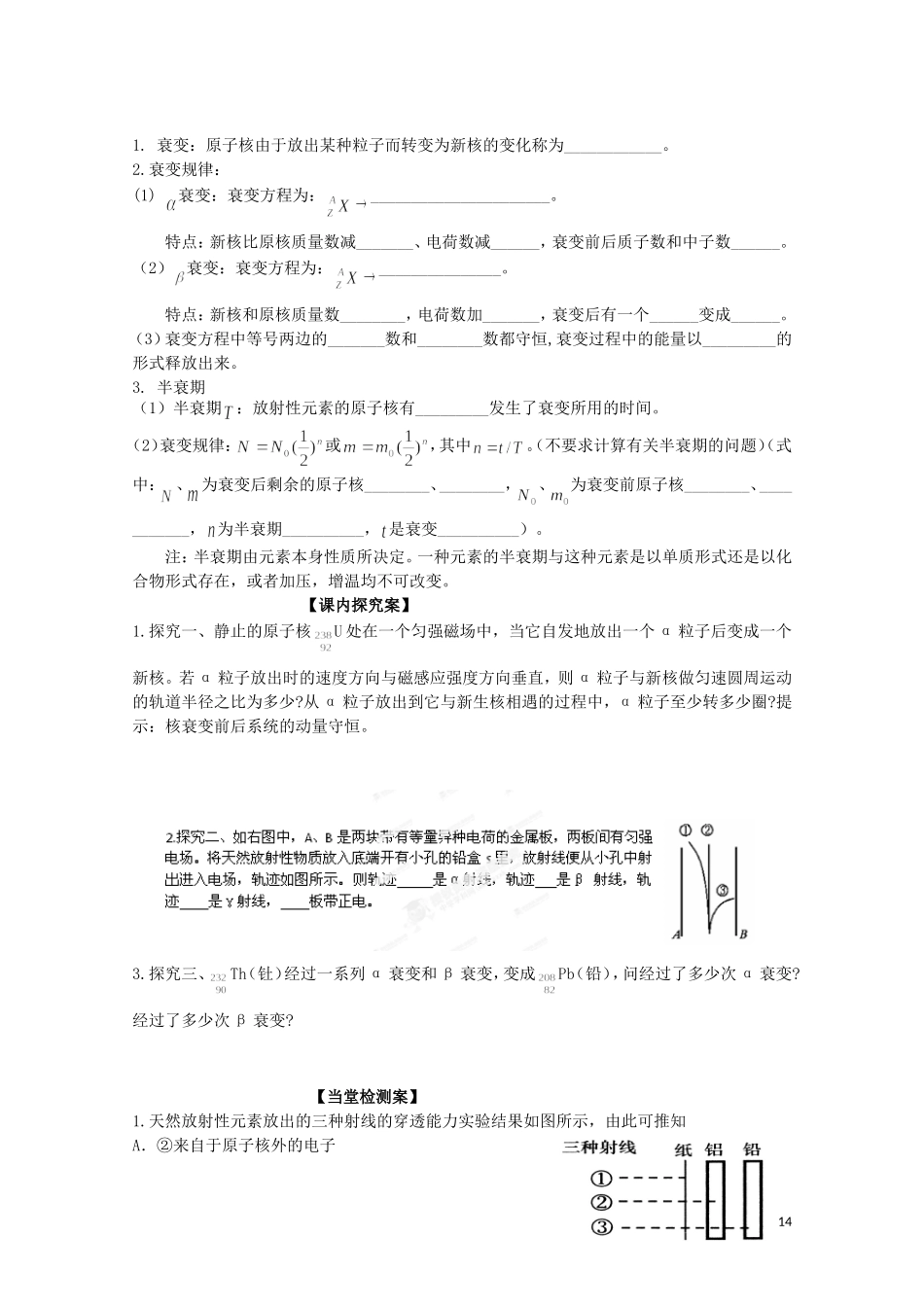 广西梧州市蒙山县第一中学高三物理《原子的核式结构 天然放射现象》导学案_第2页