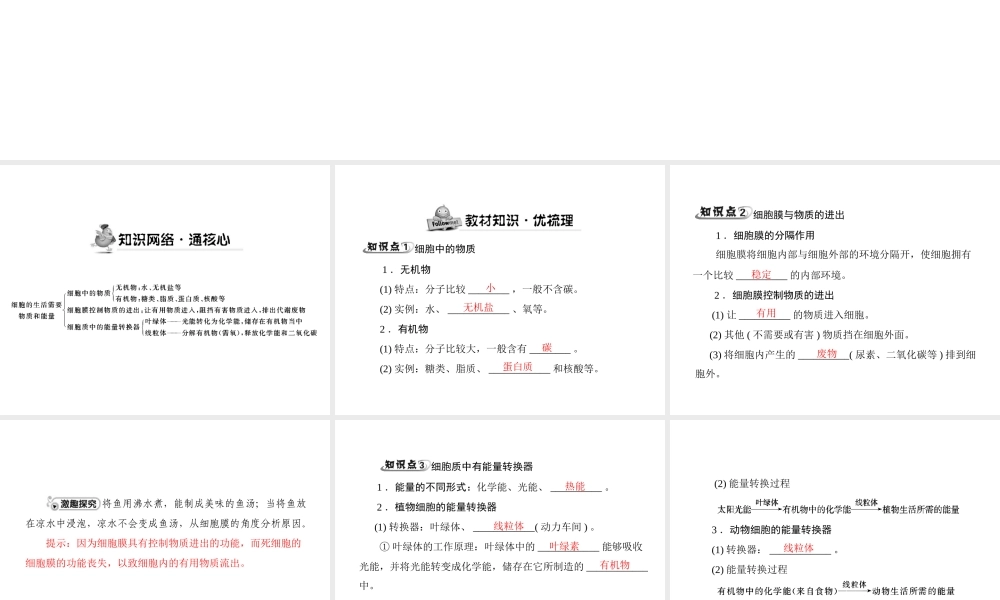 《随堂优化训练》2011年七年级生物上册 第二单元 第二章 第一节 细胞的生活需要物质和能量配套课件 人教新课标版