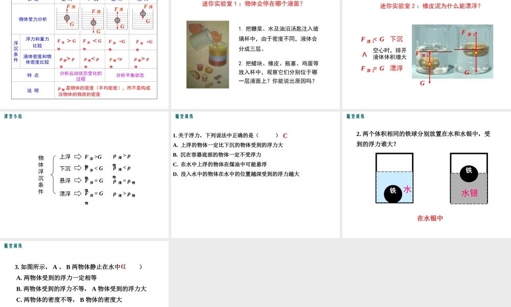 2019春八年级物理下册 9.3 研究物体的浮沉条件（第1课时 物体浮沉条件）课件 （新版）粤教沪版