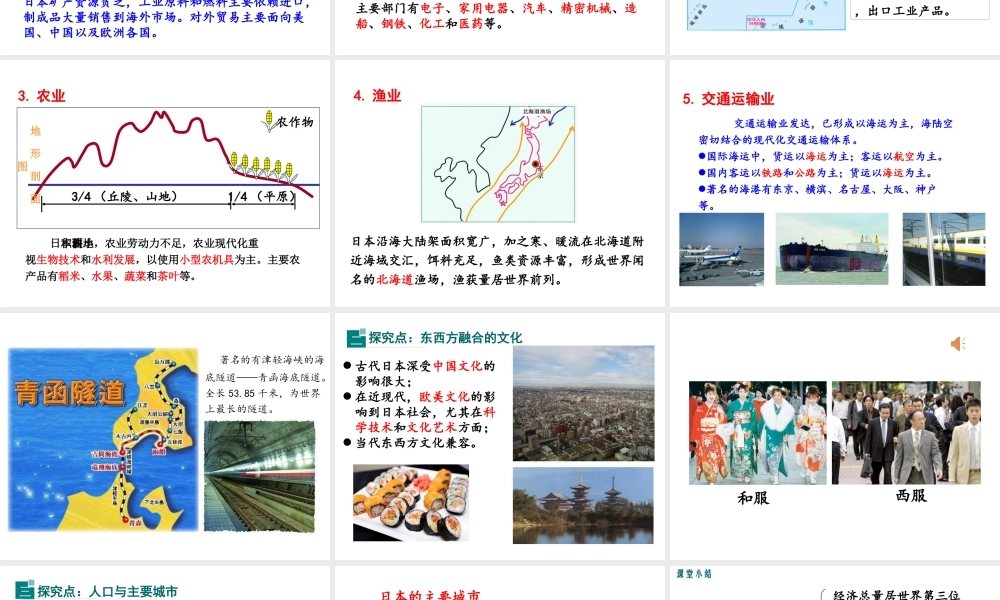 2019春七年级地理下册 第八章 第一节 日本（第2课时 日本的经济、文化、人口与城市）教学课件 （新版）湘教版