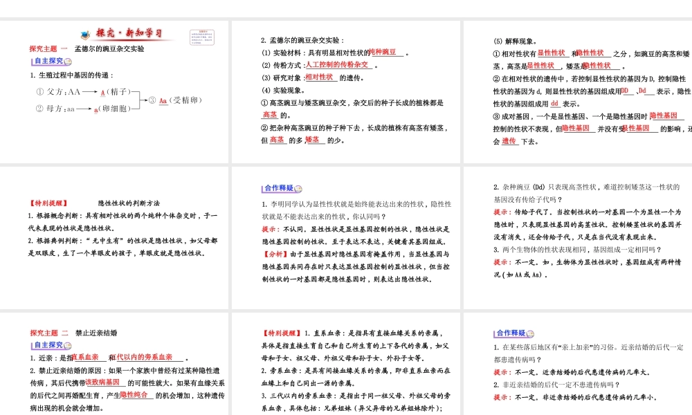 【世纪金榜】2014届新学期中考生物知识点复习 八年级下册 基因的显性和隐性（含2013教师典型题）课件 新人教版