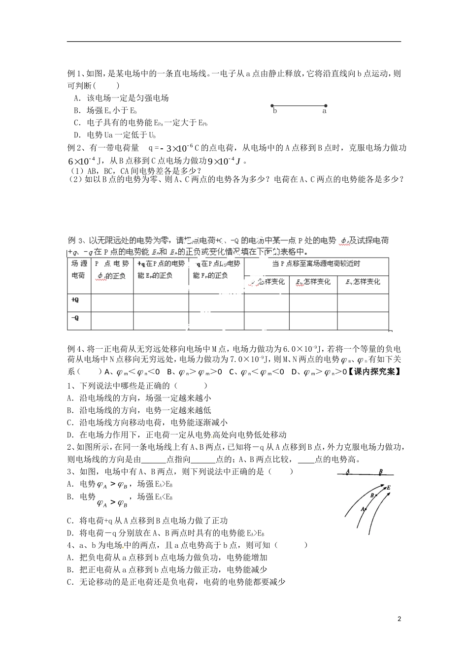 广西梧州市蒙山县第一中学高中物理 电势 电势差 等势面导学案 新人教版选修3-1_第2页