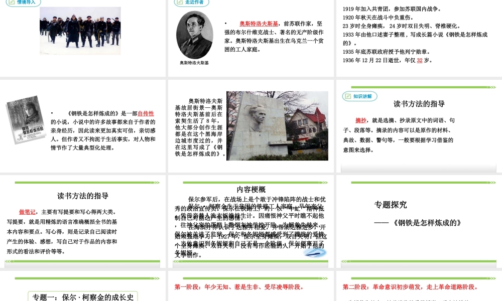 2019年春八年级语文下册 第六单元 名著导读《钢铁是怎样炼成的》摘抄和做笔记课件 新人教版