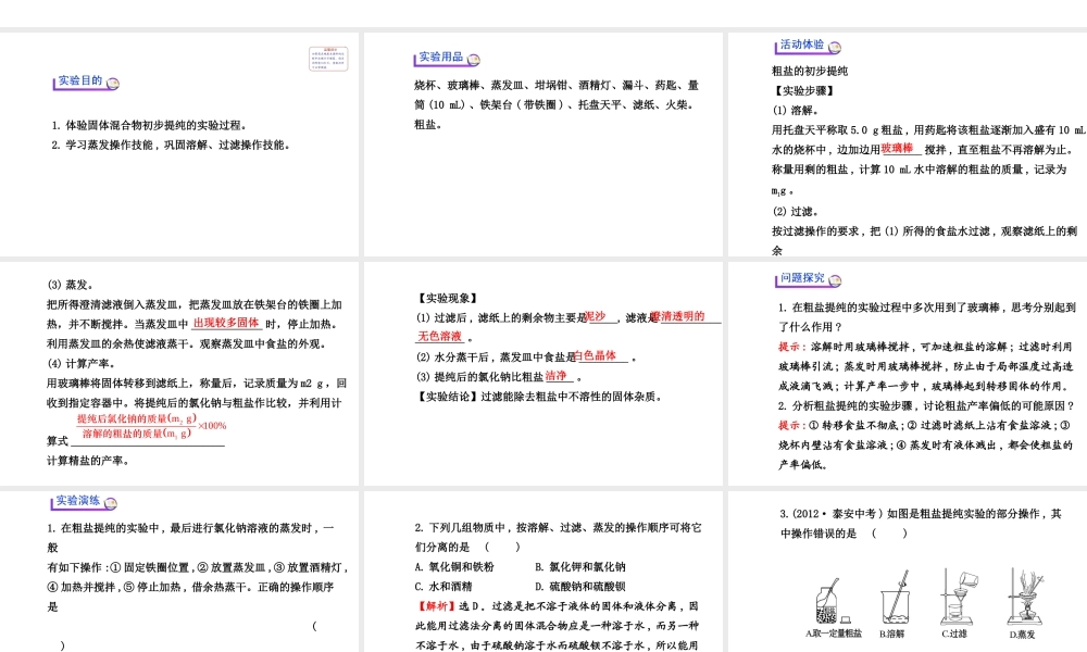 【世纪金榜】2014新学期中考化学一轮复习 九下 粗盐中难溶性杂质的去除（同步知识点汇集+含2013教师典型题）课件 新人教版
