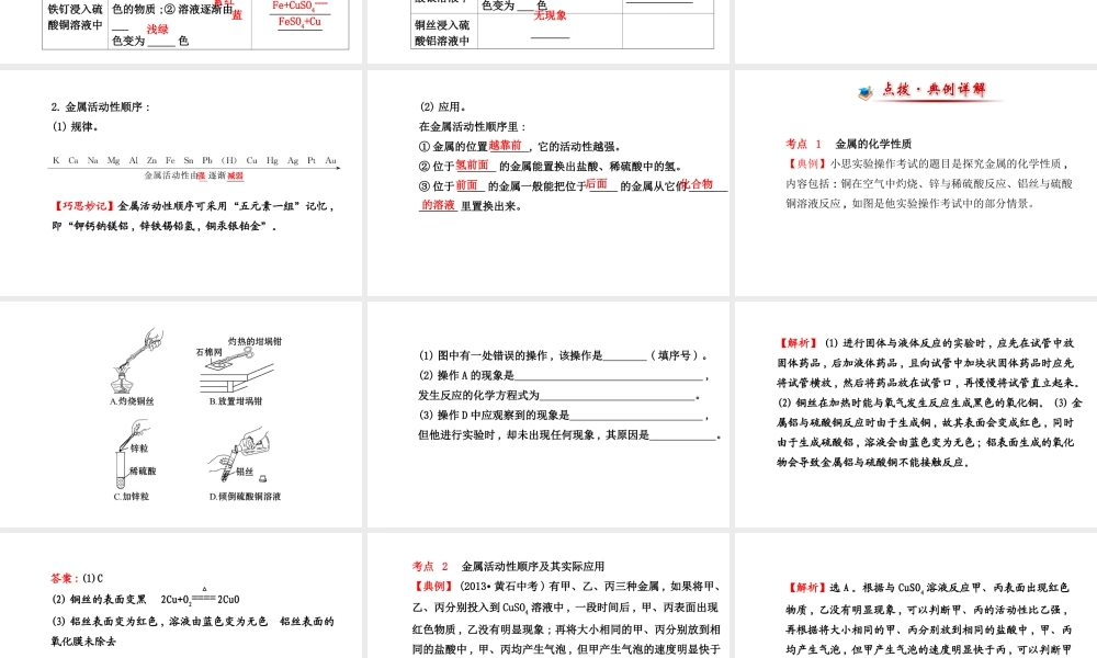【世纪金榜】2014新学期中考化学一轮复习 九下 金属的化学性质（同步知识点汇集+含2013教师典型题）课件 新人教版
