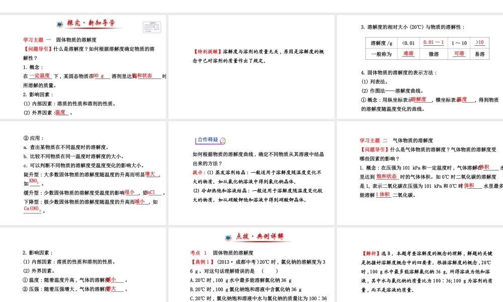 【世纪金榜】2014新学期中考化学一轮复习 九下 溶解度（同步知识点汇集+含2013教师典型题）课件 新人教版