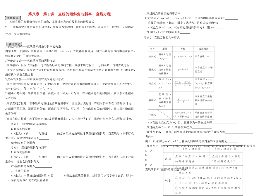 河北南宫一中2015届高三数学二轮复习 8-1 直线的倾斜角与斜率、直线方程学案_第1页