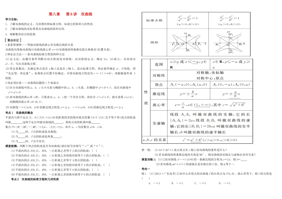 河北南宫一中2015届高三数学二轮复习 8-6 双曲线学案_第1页