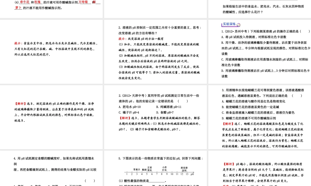 【世纪金榜】2014新学期中考化学一轮实验活动复习 九下 溶液酸碱性的检验（同步知识点汇集+含2013教师典型题）课件 新人教版