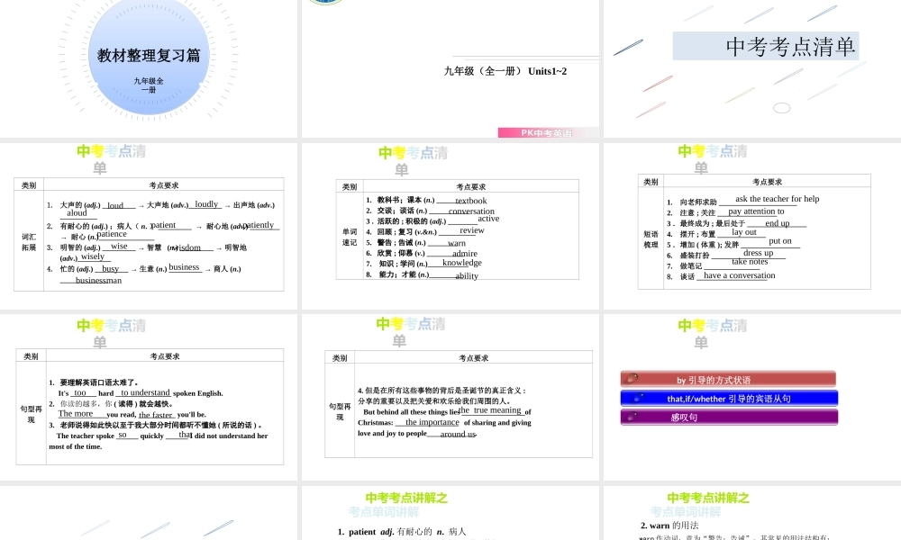 PK中考安徽省中考英语 第一部分 教材整理复习篇 九全 Units 1-2课件-人教版初中九年级全册英语课件
