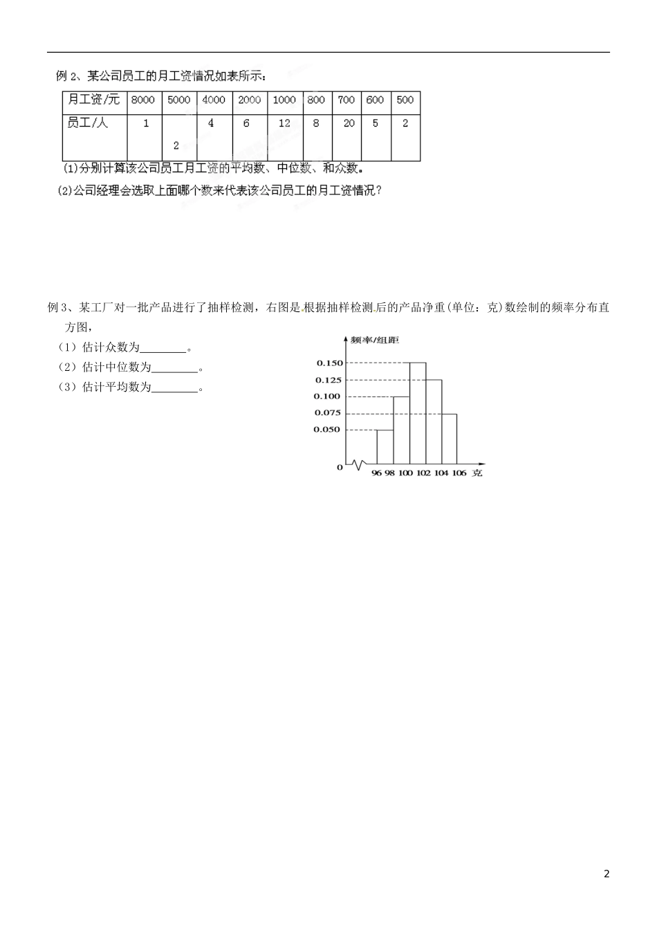 河北省二十冶综合学校高中分校高中数学 2.2.2用样本的数字特征估计总体的数字特征（1）学案 新人教A版必修3_第2页