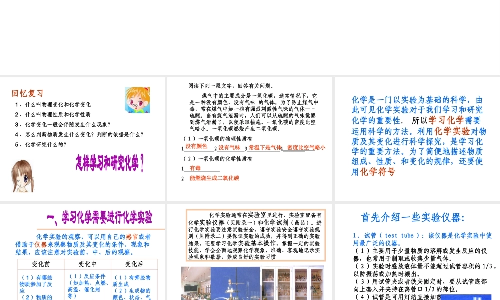 【倍速课时学练】九年级化学上册 第1章 第三节 怎样学习和研究化学课件 沪教版