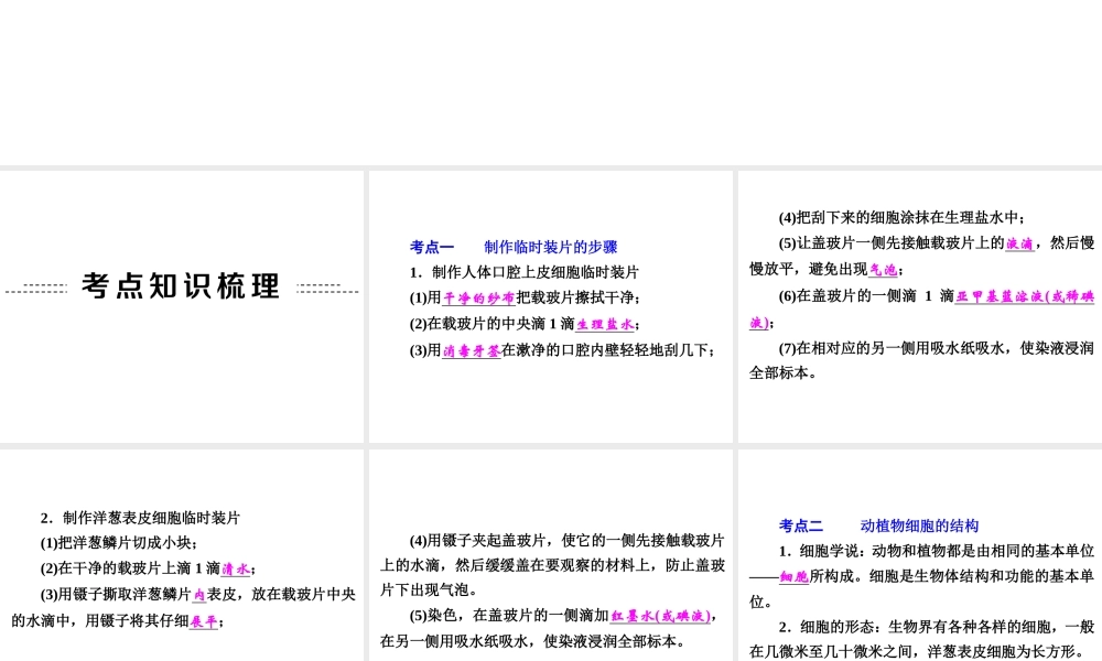 【中考备战策略】2015年中考科学总复习 专题2 构成生物体的细胞、组织、器官和系统（考点知识梳理+中考典例精析+考点训练）课件 浙教版