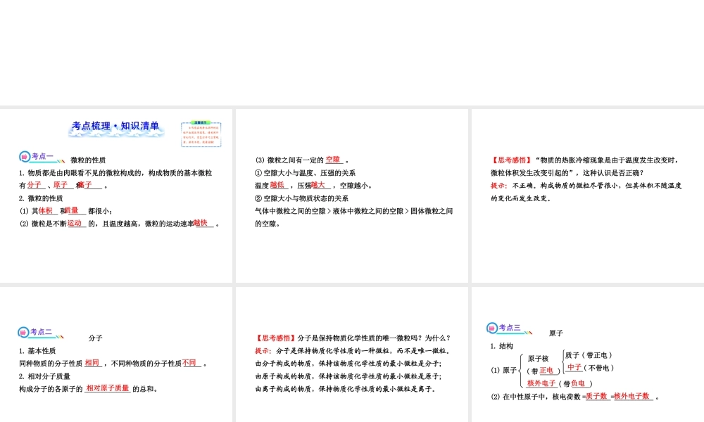 【全程复习方略】2013版中考化学 第3章 物质构成的奥秘 第1节 构成物质的基本微粒配套课件 沪教版